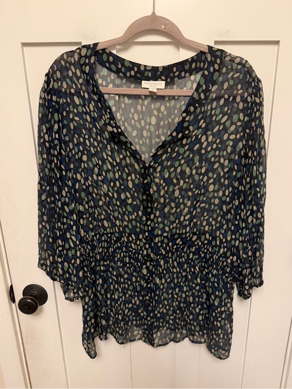 Charters Club 100% Silk Plus Size 18 W Blouse Sheer v-neck button abstract print